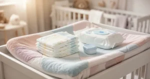 Miękki przewijak w pastelowych kolorach z estetycznie ułożonymi pieluszkami i chusteczkami w przytulnym pokoju dziecięcym.