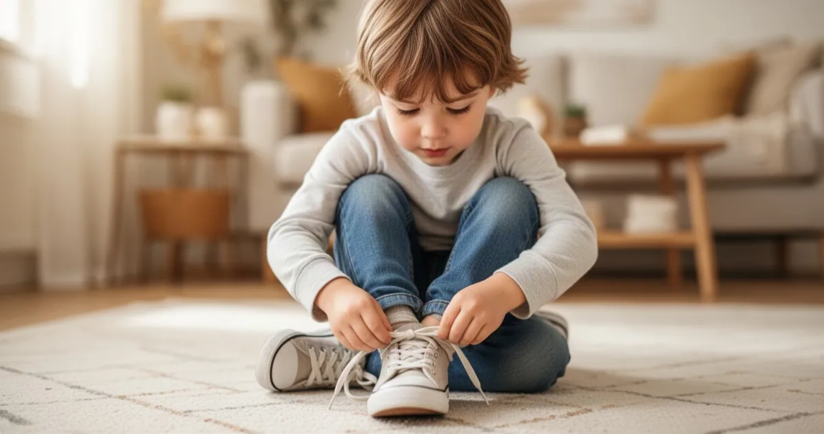 Dziecko w skupieniu samodzielnie wiąże sznurowadła w przytulnym, domowym wnętrzu.