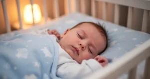 Znużone niemowlę spokojnie śpiące w łóżeczku z pościelą w odcieniach błękitu, w ciepłym świetle nocnej lampki.
