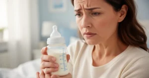 Zatroskana matka trzymająca butelkę z mlekiem modyfikowanym, w tle przytulne wnętrze domu.
