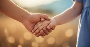 Ciepłe zbliżenie na dłoń rodzica delikatnie trzymającą małą dłoń dziecka w miękkim, naturalnym świetle.