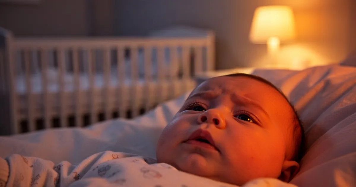 Zbliżenie na twarz zmęczonego niemowlęcia z lekko otwartymi oczami w słabym, ciepłym świetle nocnej lampki.