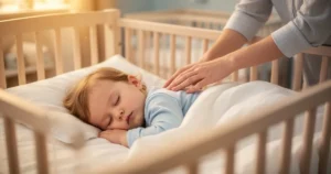 Śpiące spokojnie w łóżeczku dziecko, którego plecy delikatnie głaszcze dłoń rodzica w ciepłym, przytulnym świetle.