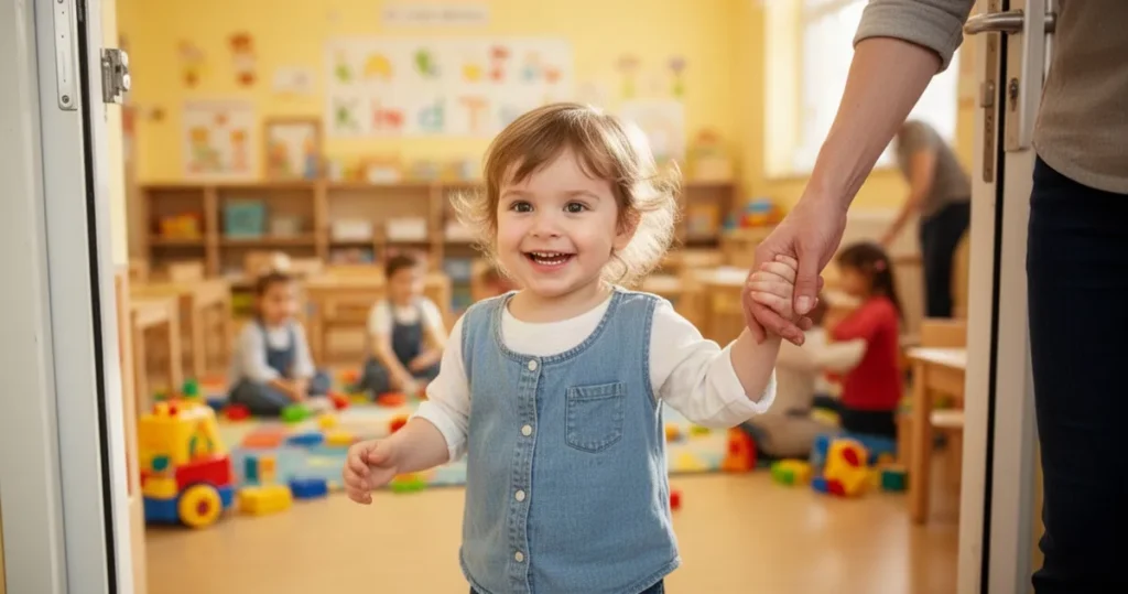 Uśmiechnięte dziecko trzymające rodzica za rękę przy wejściu do przedszkola z kolorowym wnętrzem w tle.