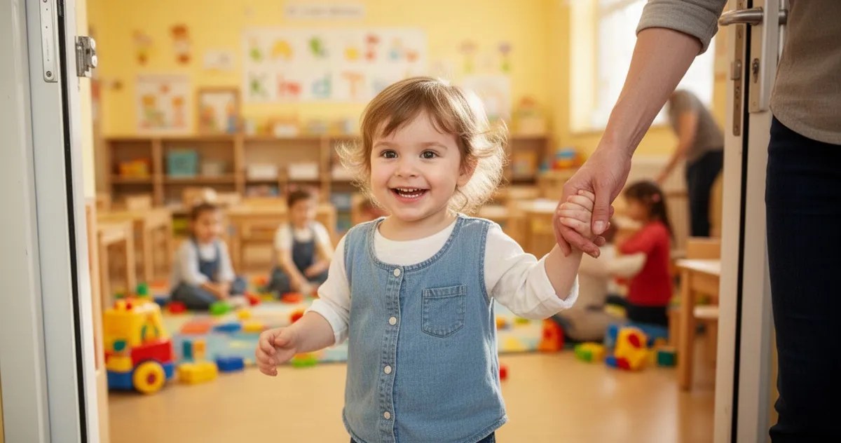 Uśmiechnięte dziecko trzymające rodzica za rękę przy wejściu do przedszkola z kolorowym wnętrzem w tle.