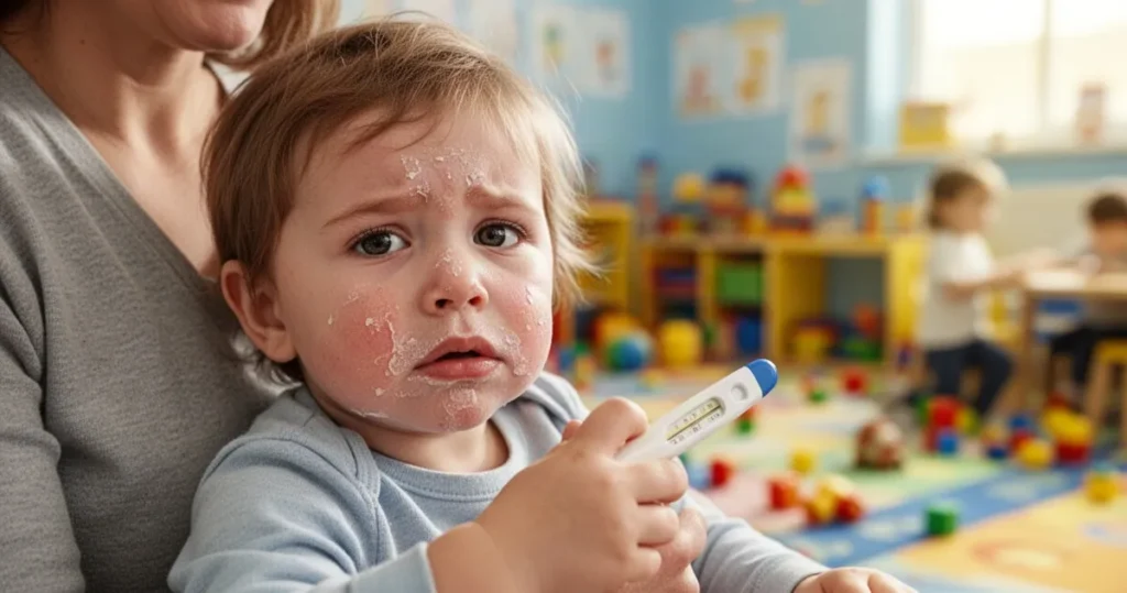 Dziecko z objawami przeziębienia i termometrem siedzące na kolanach rodzica w tle kolorowej sali przedszkolnej.