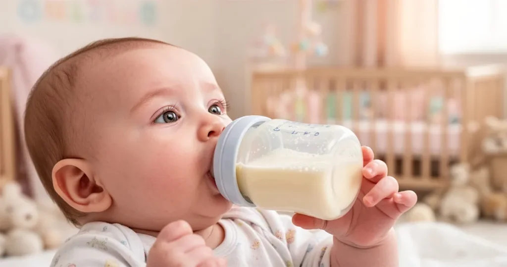 Niemowlę pijące mleko modyfikowane z butelki w przytulnym, jasnym pokoju dziecięcym.