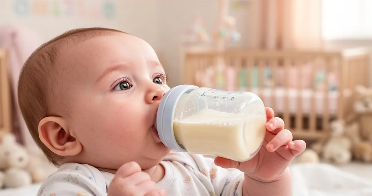 Niemowlę pijące mleko modyfikowane z butelki w przytulnym, jasnym pokoju dziecięcym.