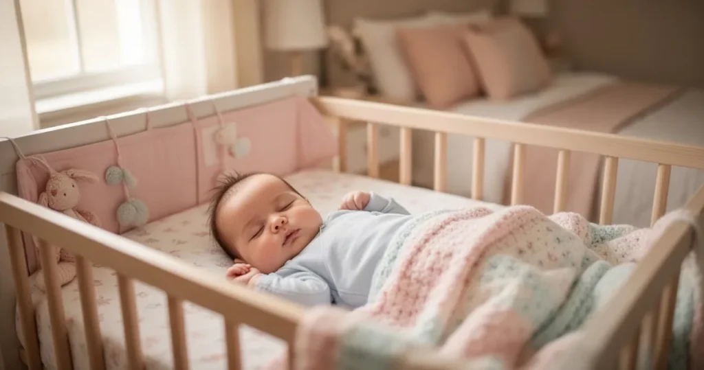Siedmiomiesięczne niemowlę spokojnie śpiące w łóżeczku z miękką pościelą w przytulnej sypialni oświetlonej naturalnym światłe