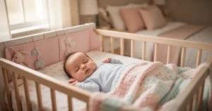 Siedmiomiesięczne niemowlę spokojnie śpiące w łóżeczku z miękką pościelą w przytulnej sypialni oświetlonej naturalnym światłe