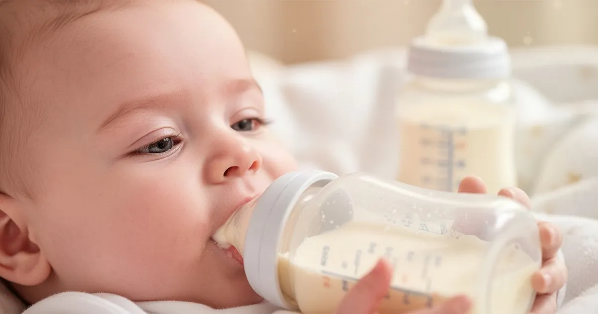 Zbliżenie na twarz niemowlęcia podczas karmienia z butelki w ciepłym, delikatnym świetle w odcieniach bieli i kremu.