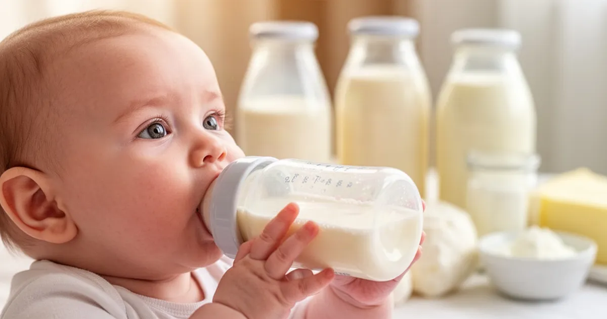 Niemowlę pijące mleko z butelki w delikatnym, naturalnym świetle, na rozmytym tle produktów mlecznych.
