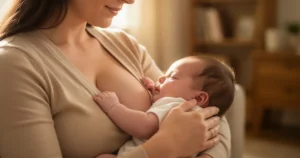 Matka czule przytulająca niemowlę podczas karmienia piersią w miękkim świetle dziennym w przytulnym wnętrzu domu.