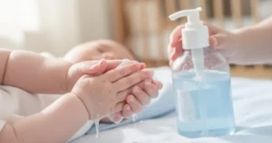 Delikatne dłonie niemowlęcia podczas dezynfekcji łagodnym preparatem w przytulnym, jasnym wnętrzu.