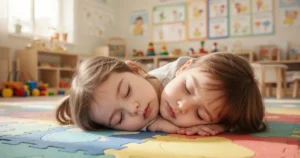 Dziecko spokojnie śpiące na kolorowej macie w przytulnej sali przedszkolnej w świetle dziennym.