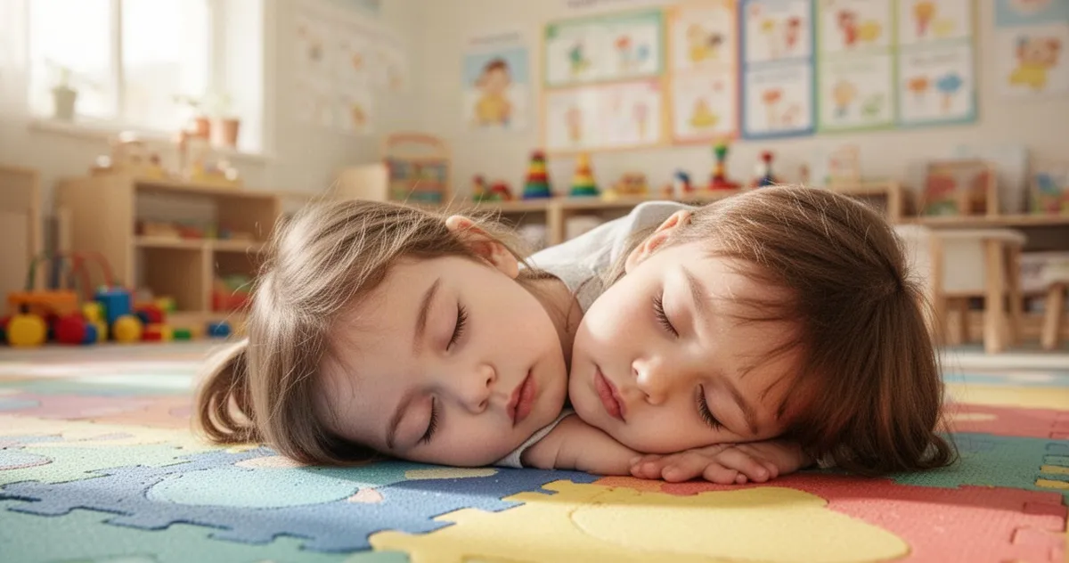 Dziecko spokojnie śpiące na kolorowej macie w przytulnej sali przedszkolnej w świetle dziennym.