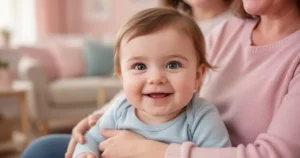 Uśmiechnięte dziecko z zaciekawionym spojrzeniem siedzące na kolanach rodzica w przytulnym, domowym wnętrzu.