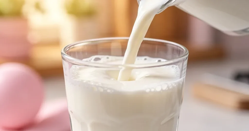 Strumień mleka wlewanego do szklanki na tle jasnej, rozmytej kuchni w ciepłych, pastelowych barwach.