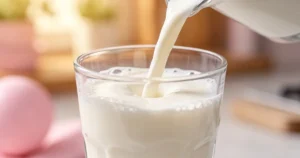 Strumień mleka wlewanego do szklanki na tle jasnej, rozmytej kuchni w ciepłych, pastelowych barwach.