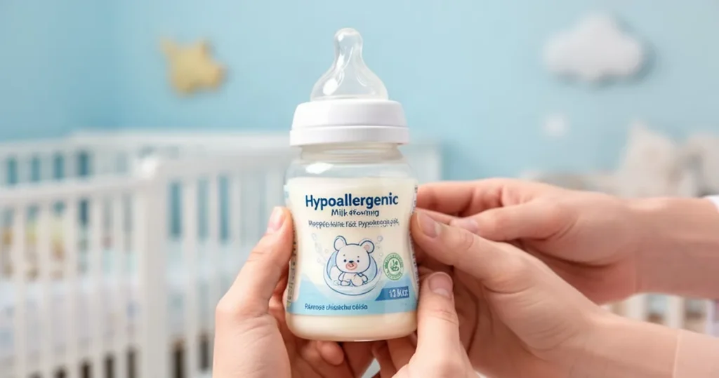 Butelka z mlekiem hipoalergicznym trzymana w dłoniach na tle delikatnie rozmytego pokoju dziecięcego.