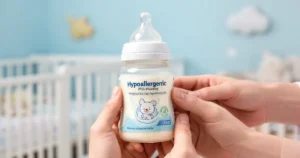 Butelka z mlekiem hipoalergicznym trzymana w dłoniach na tle delikatnie rozmytego pokoju dziecięcego.
