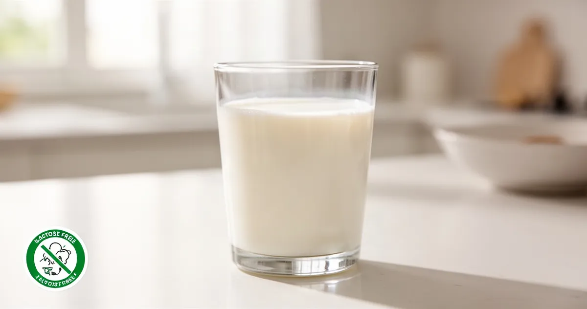 Szklanka mleka na jasnym kuchennym blacie z symbolem produktu bez laktozy w rogu, w minimalistycznym stylu.