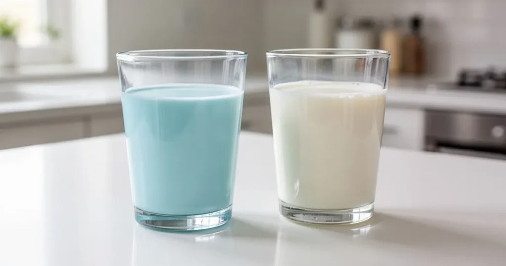 Szklanka przezroczystego mleka o błękitnym odcieniu obok szklanki zwykłego białego mleka na jasnym kuchennym blacie.
