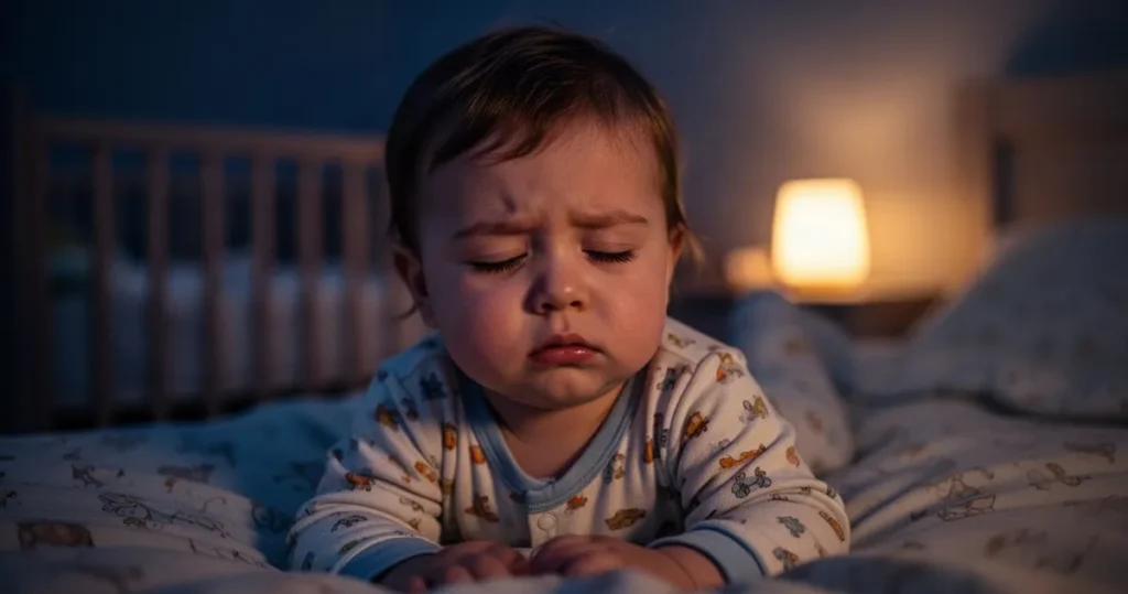 Zaspane roczne dziecko w piżamie siedzące w łóżeczku w zaciemnionej sypialni, oświetlone łagodnym światłem nocnej lampki.