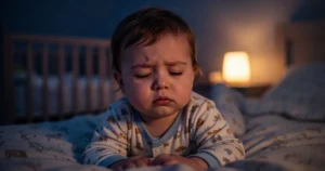 Zaspane roczne dziecko w piżamie siedzące w łóżeczku w zaciemnionej sypialni, oświetlone łagodnym światłem nocnej lampki.