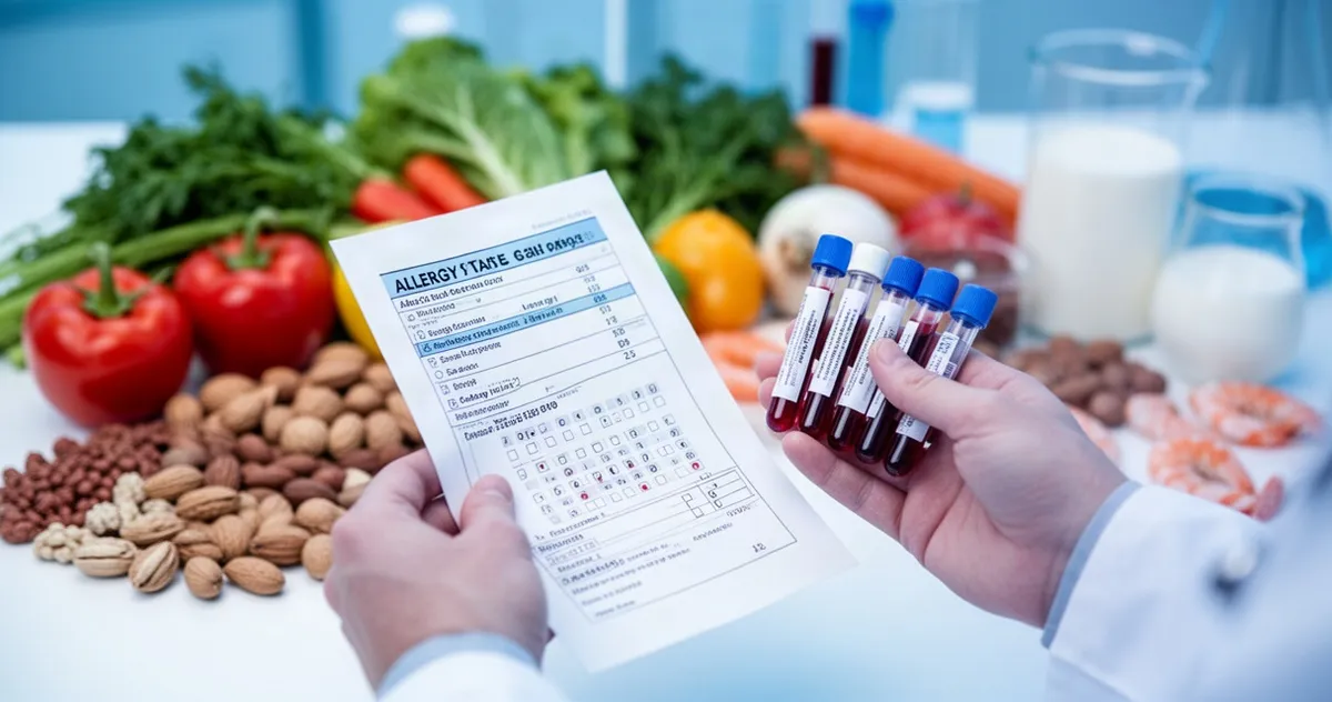 Lekarz trzyma wyniki testów alergicznych i próbki krwi, w tle rozmyte warzywa oraz popularne produkty alergizujące.