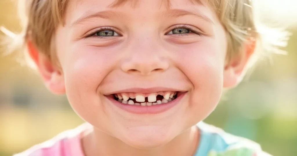 Uśmiechnięte dziecko z widocznym brakiem przedniego zęba mlecznego na jasnym, rozmytym tle.