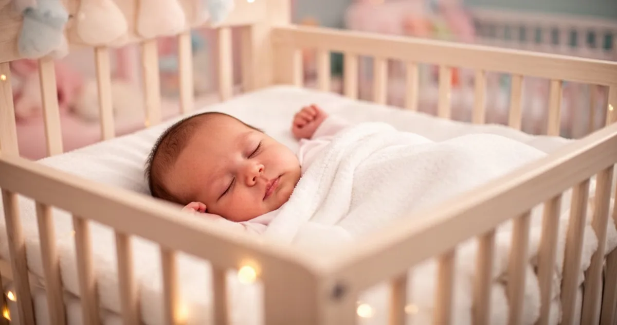 Niemowlę śpiące spokojnie w przytulnym łóżeczku z miękką pościelą w ciepłym, delikatnym świetle.