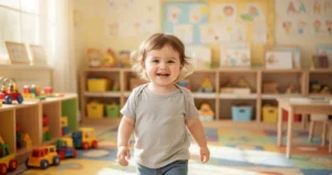 Radosne dziecko wchodzi do jasnej, kolorowej sali przedszkolnej wypełnionej zabawkami i pomocami edukacyjnymi.