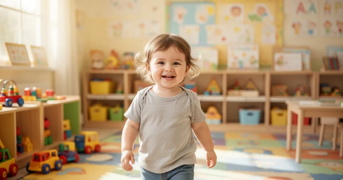 Radosne dziecko wchodzi do jasnej, kolorowej sali przedszkolnej wypełnionej zabawkami i pomocami edukacyjnymi.