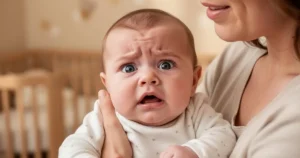 Rodzic trzymający na rękach pełne emocji niemowlę o szeroko otwartych oczach w przytulnym, ciepłym wnętrzu pokoju dziecięcego