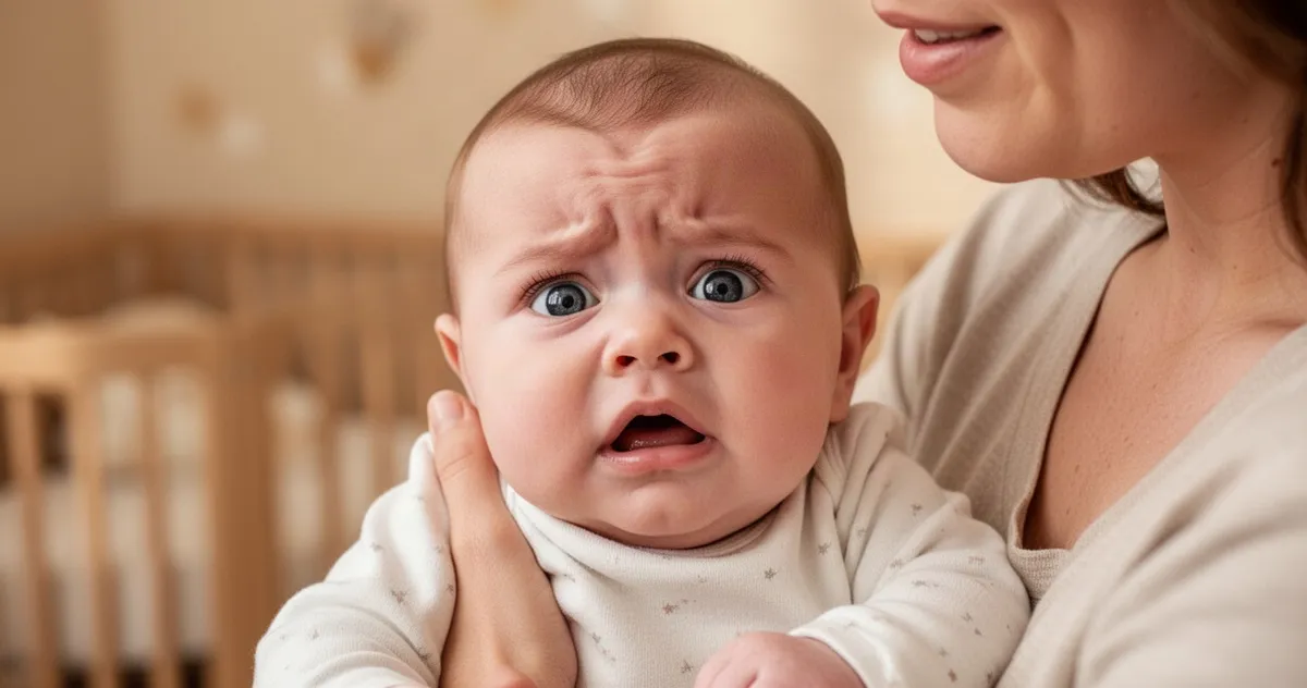 Rodzic trzymający na rękach pełne emocji niemowlę o szeroko otwartych oczach w przytulnym, ciepłym wnętrzu pokoju dziecięcego