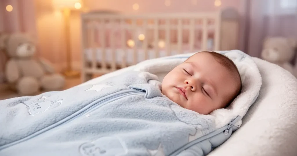Niemowlę śpiące spokojnie w przytulnym śpiworku o grubości 2.5 tog w jasnym, pastelowym pokoju dziecięcym.