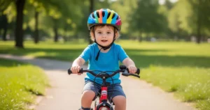 Dziecko w kolorowym kasku jadące na małym rowerze po słonecznej parkowej alejce.