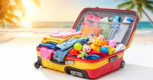 Otwarta kolorowa walizka z dziecięcymi ubraniami i zabawkami na tle słonecznej plaży.