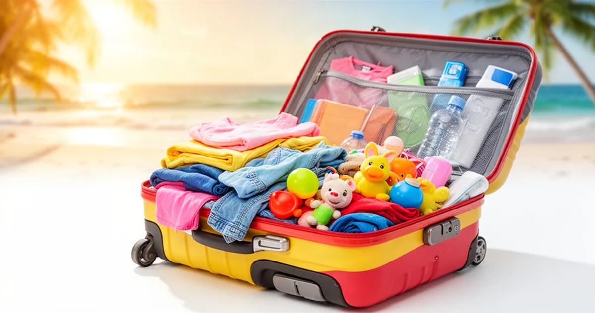 Otwarta kolorowa walizka z dziecięcymi ubraniami i zabawkami na tle słonecznej plaży.