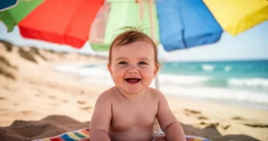 Uśmiechnięte małe dziecko siedzące w cieniu kolorowego parasola na plaży w słoneczny dzień.