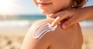 Dłoń nakładająca krem z filtrem na ramię dziecka na tle rozmytej, słonecznej plaży.