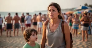 Zaniepokojony rodzic rozglądający się za dzieckiem w tłumie na zatłoczonej plaży podczas wakacji.