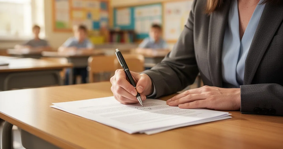 Nauczyciel lub psycholog sporządzający notatki na dokumencie przy drewnianym biurku w tle z rozmytą salą szkolną.