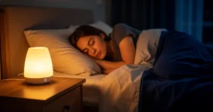Delikatne bursztynowe światło lampki nocnej oświetla śpiącą osobę w przytulnej sypialni w odcieniach granatu i złota.