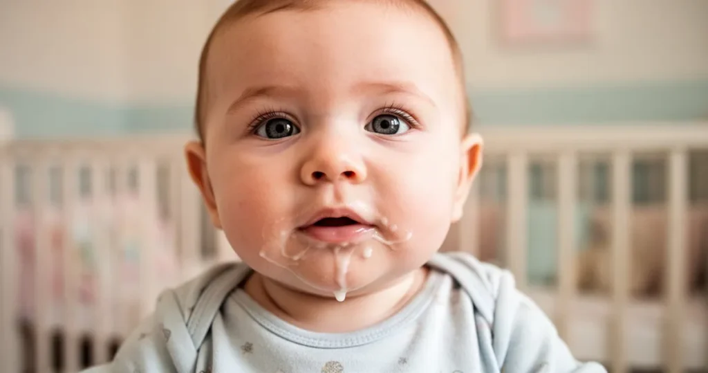 Zbliżenie na twarz niemowlęcia z widocznymi śladami mleka na brodzie i ubranku, w tle rozmyte pastelowe wnętrze pokoju.