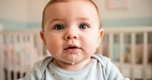 Zbliżenie na twarz niemowlęcia z widocznymi śladami mleka na brodzie i ubranku, w tle rozmyte pastelowe wnętrze pokoju.