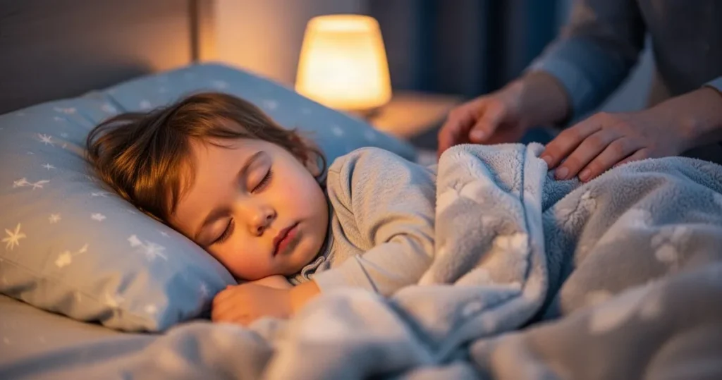 Małe dziecko spokojnie śpiące w przytulnym łóżku, obok którego widoczna jest uspokajająca dłoń rodzica przy nocnej lampce.