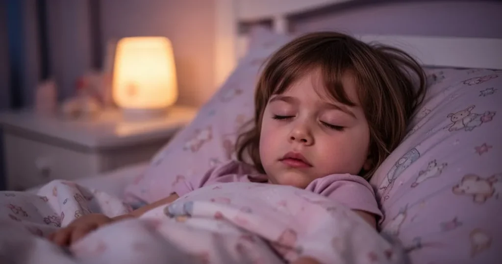 Zaspane dziecko siedzące w łóżku w nocy, oświetlone miękkim światłem lampki nocnej.