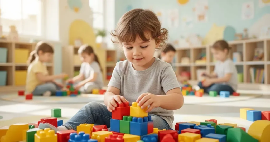 Zdrowe dziecko bawiące się kolorowymi zabawkami w jasnej, nowoczesnej sali przedszkolnej w ciepłych barwach.